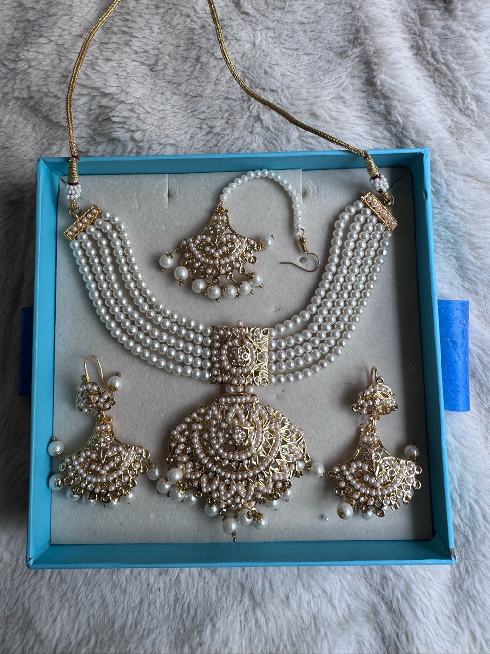 Maria B. Jewelry Set - Gold Plated Pearl & Kundan Choker, Earrings, Tikka